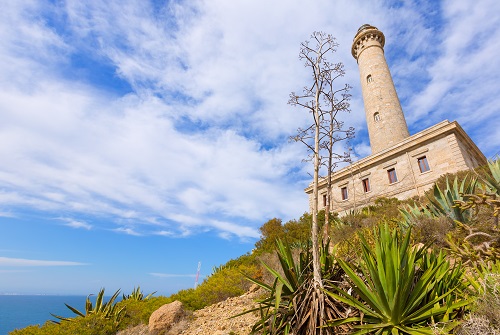 Faro junto al mar visto desde abajo